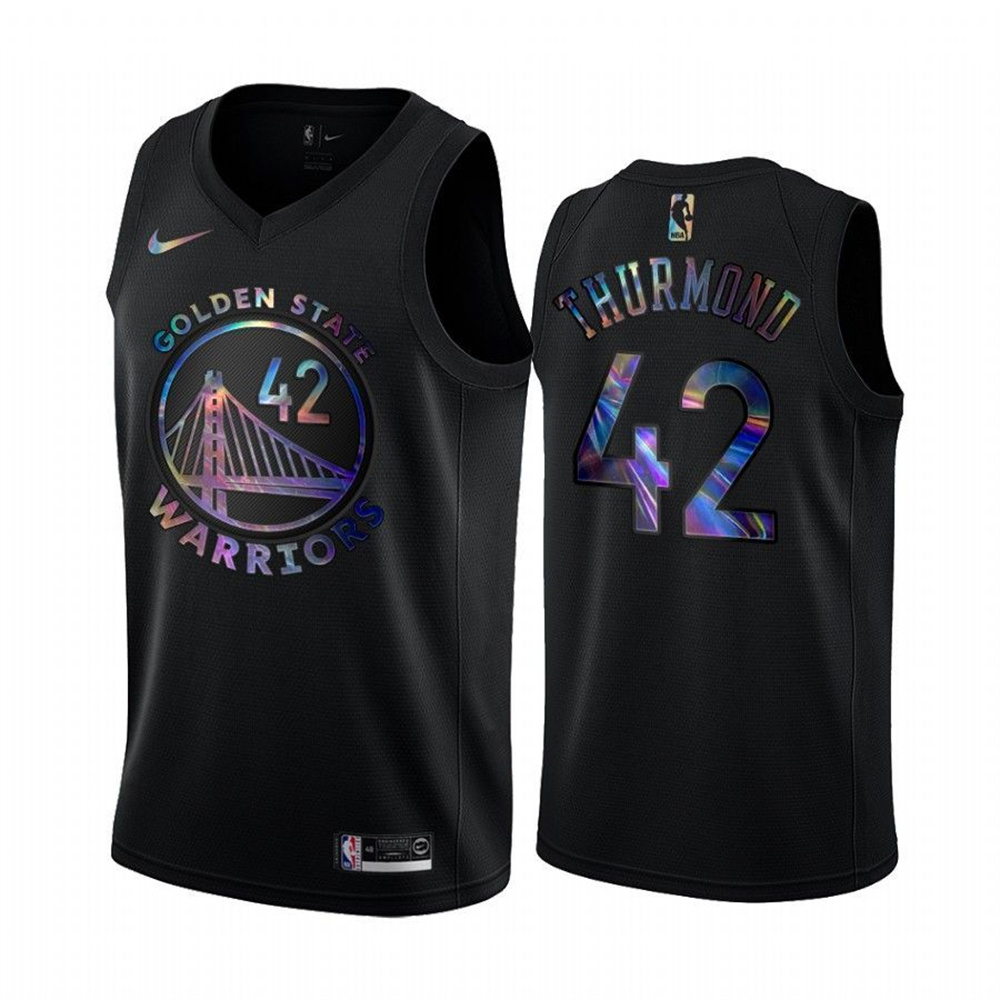 Personalized Warriors #42 Nathaniel Thurmond Men’s Iridescent Holographic Collection NBA Jersey – Black