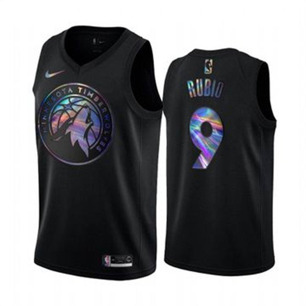 Personalized Timberwolves #9 Ricky Rubio Men’s Iridescent Holographic Collection NBA Jersey – Black