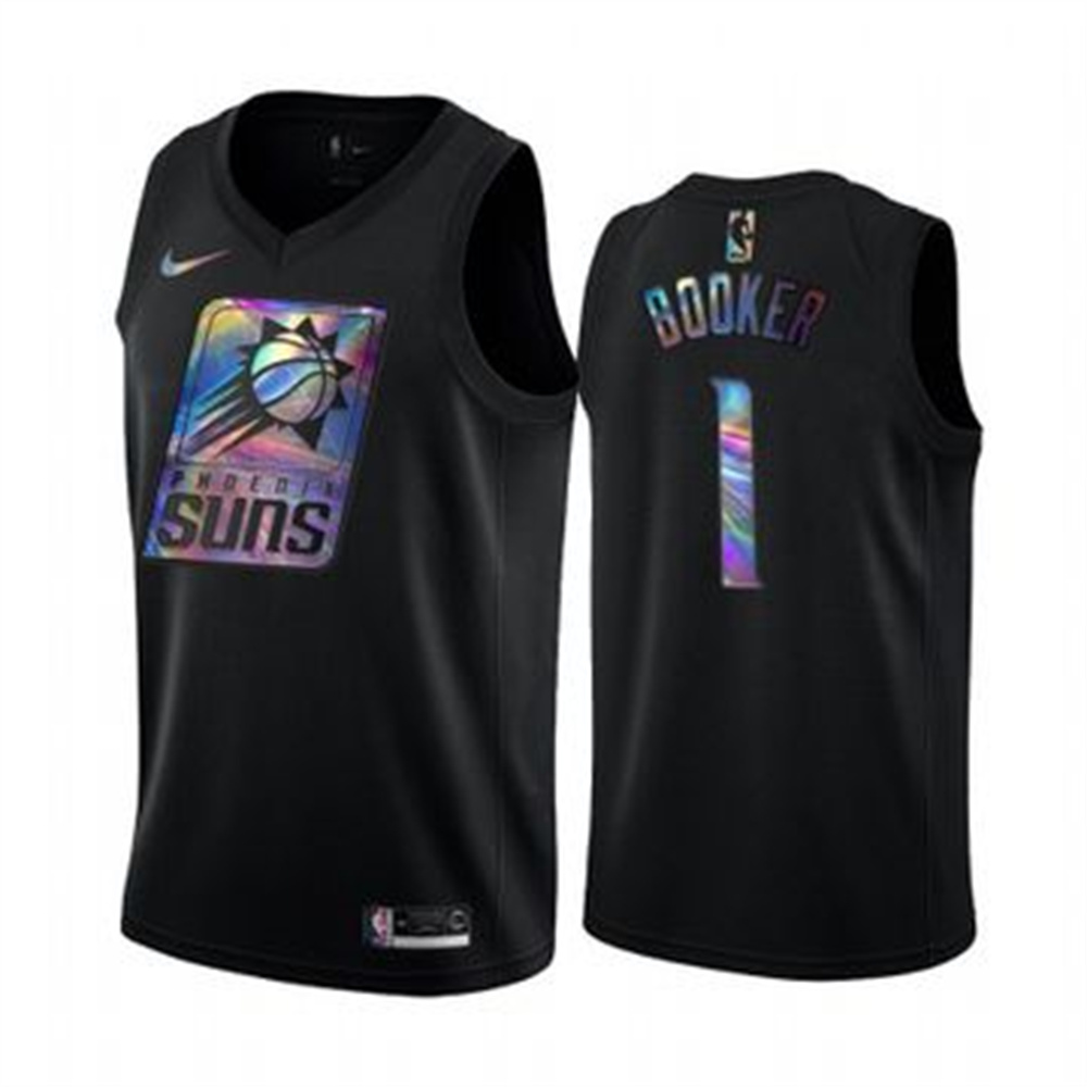 Personalized Suns #1 Devin Booker Men’s Iridescent Holographic Collection NBA Jersey – Black