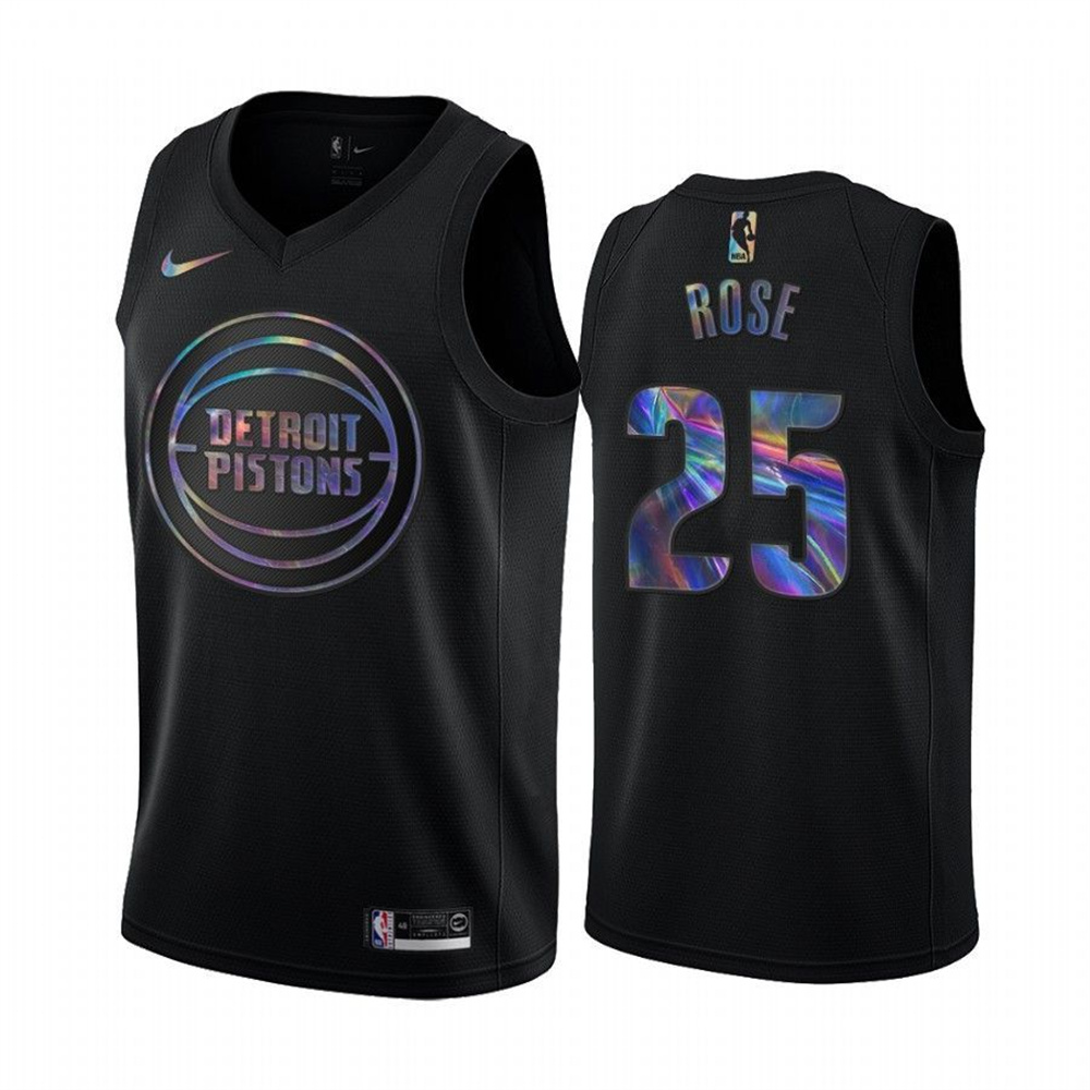 Personalized Pistons #25 Derrick Rose Men’s Iridescent Holographic Collection NBA Jersey – Black
