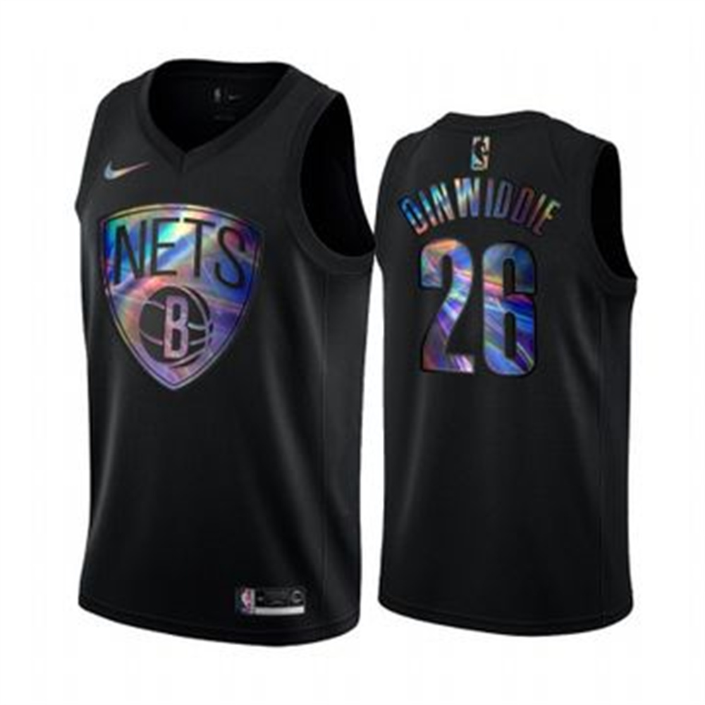 Personalized Nets #26 Spencer Dinwiddie Men’s Iridescent Holographic Collection NBA Jersey – Black