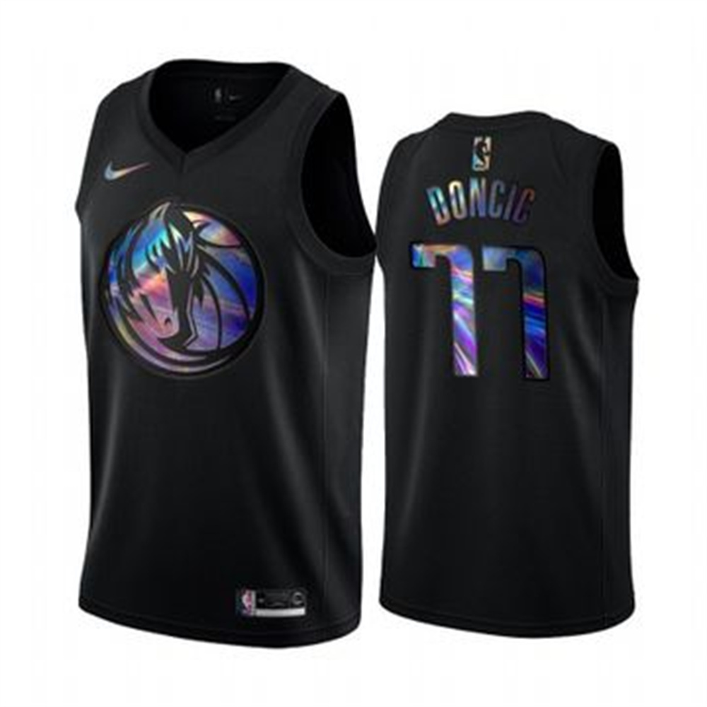 Personalized Mavericks #77 Luka Doncic Men’s Iridescent Holographic Collection NBA Jersey – Black