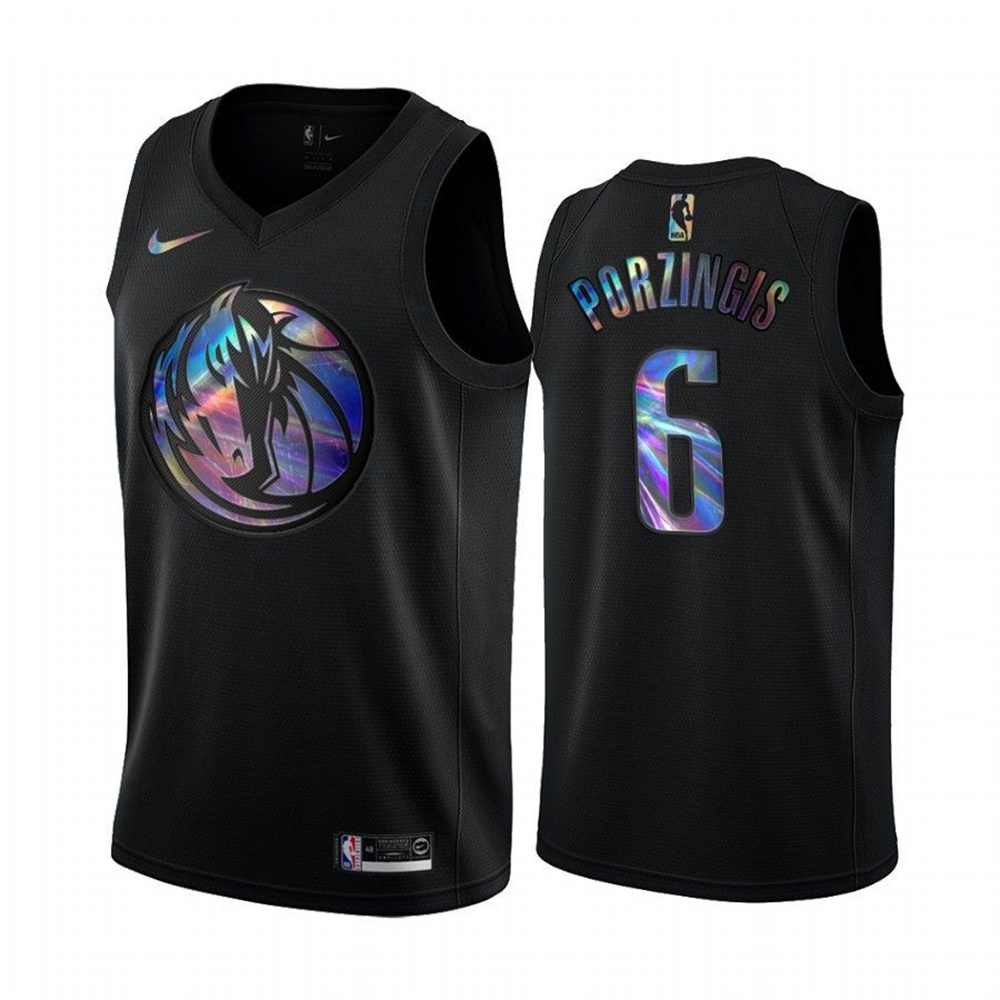 Personalized Mavericks #6 Kristaps Porzingis Men’s Iridescent Holographic Collection NBA Jersey – Black