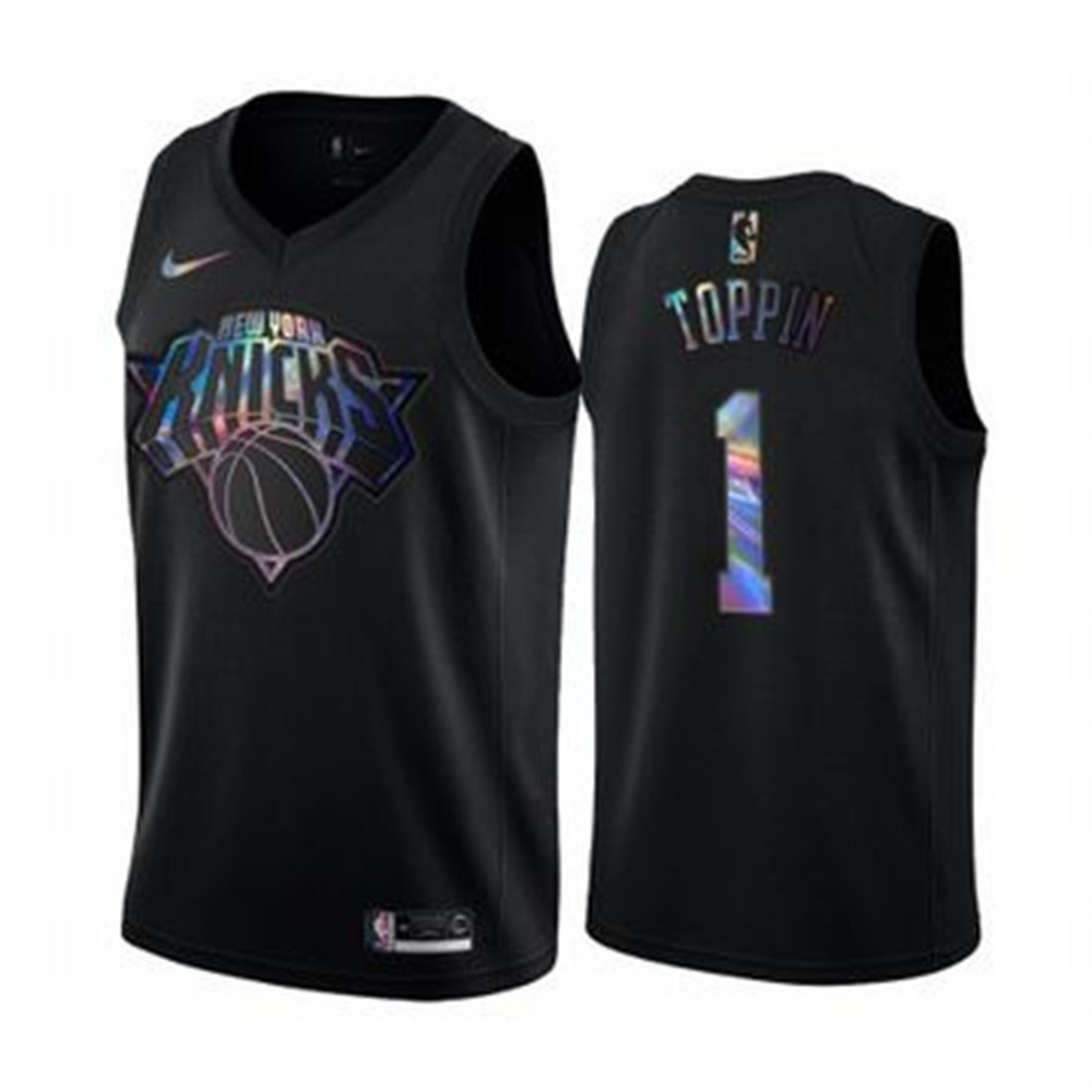 Personalized Knicks #1 Obi Toppin Men’s Iridescent Holographic Collection NBA Jersey – Black