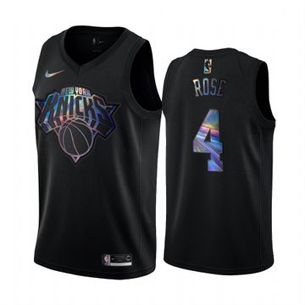 Personalized Knicks #4 Derrick Rose Men’s Iridescent Holographic Collection NBA Jersey – Black