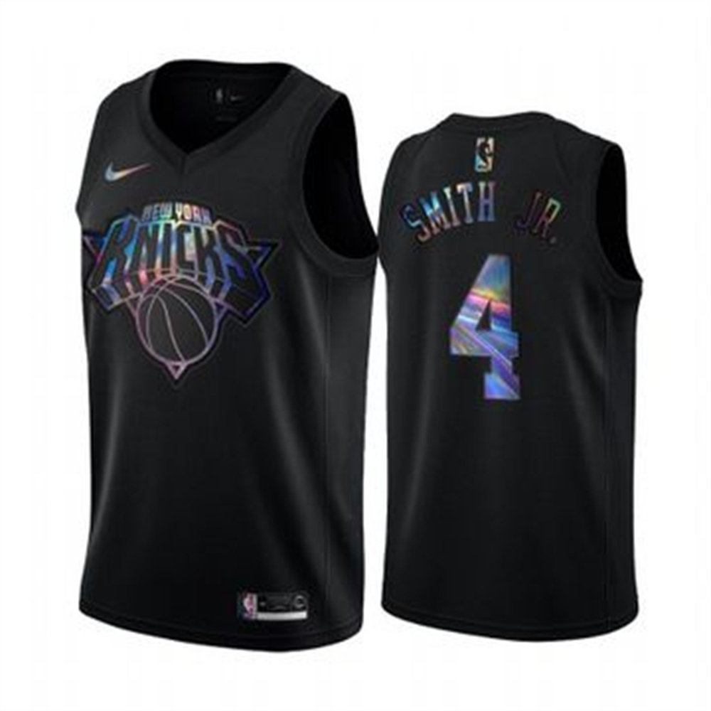 Personalized Knicks #4 Dennis Smith Jr. Men’s Iridescent Holographic Collection NBA Jersey – Black