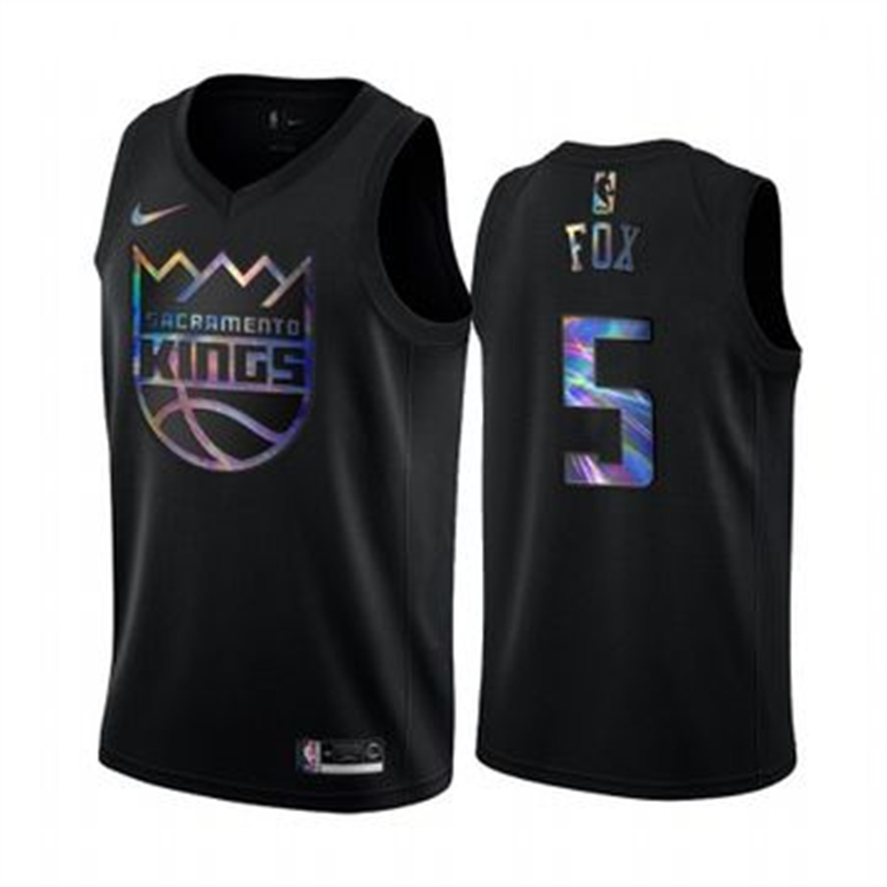 Personalized Kings #5 De_Aaron Fox Men’s Iridescent Holographic Collection NBA Jersey – Black