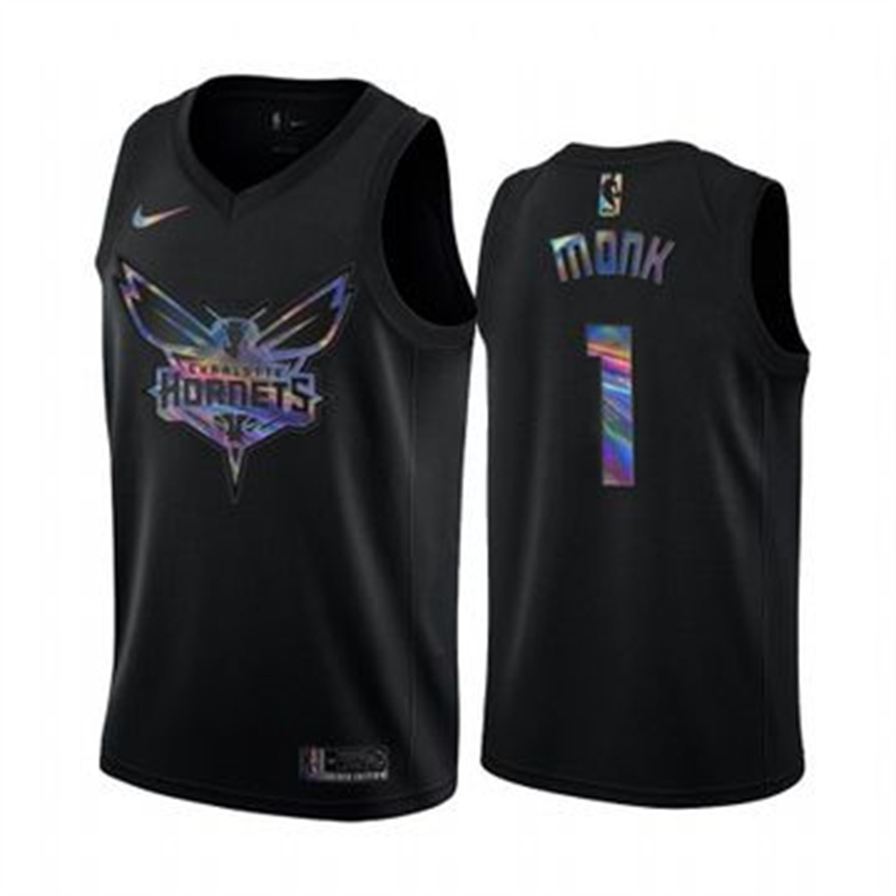 Personalized Hornets #1 Malik Monk Men’s Iridescent Holographic Collection NBA Jersey – Black