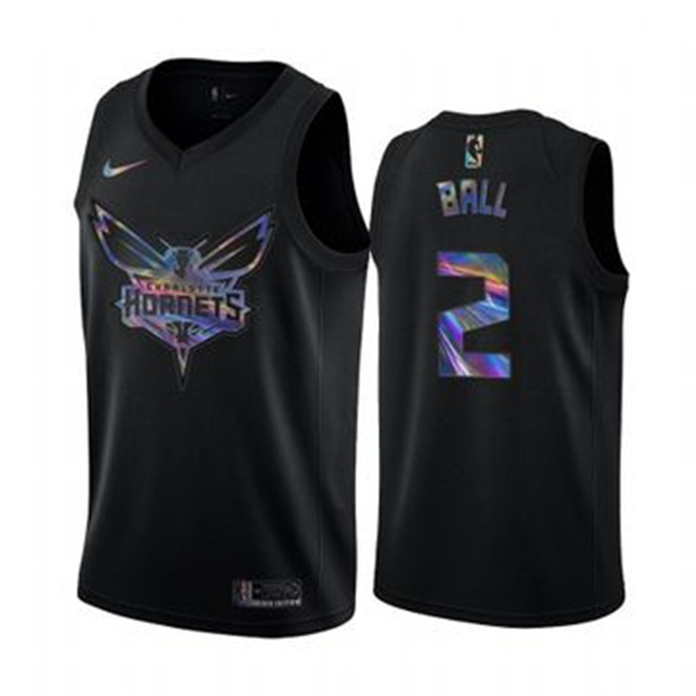 Personalized Hornets #2 LaMelo Ball Men’s Iridescent Holographic Collection NBA Jersey – Black
