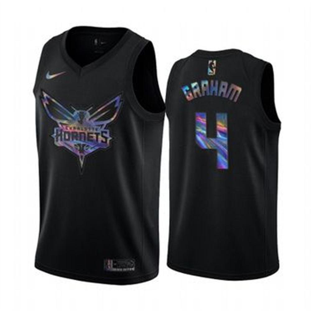Personalized Hornets #4 Devonte’ Graham Men’s Iridescent Holographic Collection NBA Jersey – Black