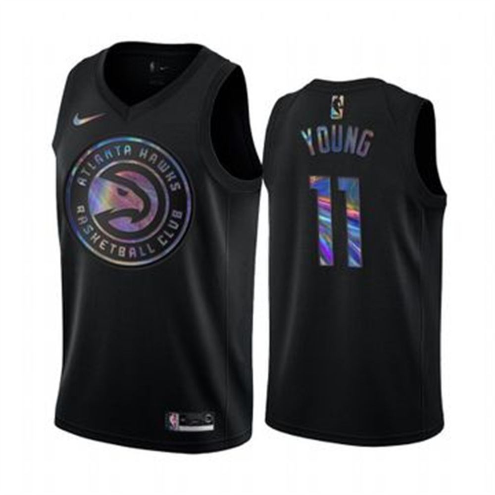 Personalized Hawks #11 Trae Young Men’s Iridescent Holographic Collection NBA Jersey – Black