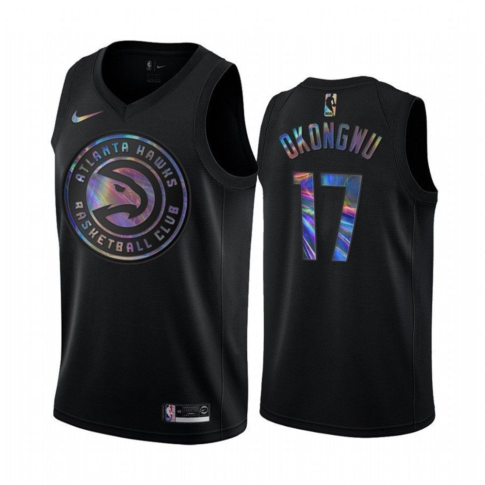 Personalized Hawks #17 Onyeka Okongwu Men’s Iridescent Holographic Collection NBA Jersey – Black