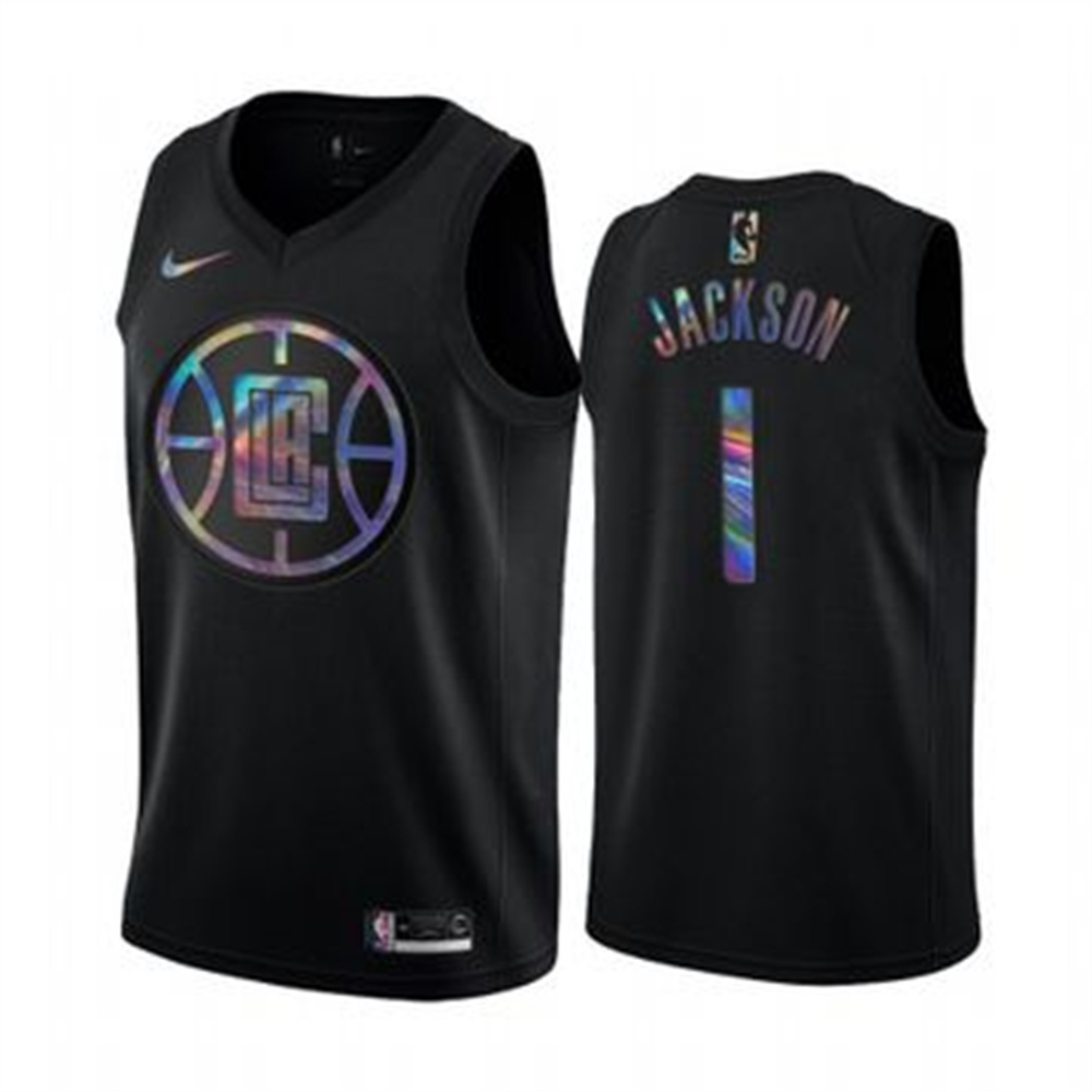 Personalized Clippers #1 Reggie Jackson Men’s Iridescent Holographic Collection NBA Jersey – Black