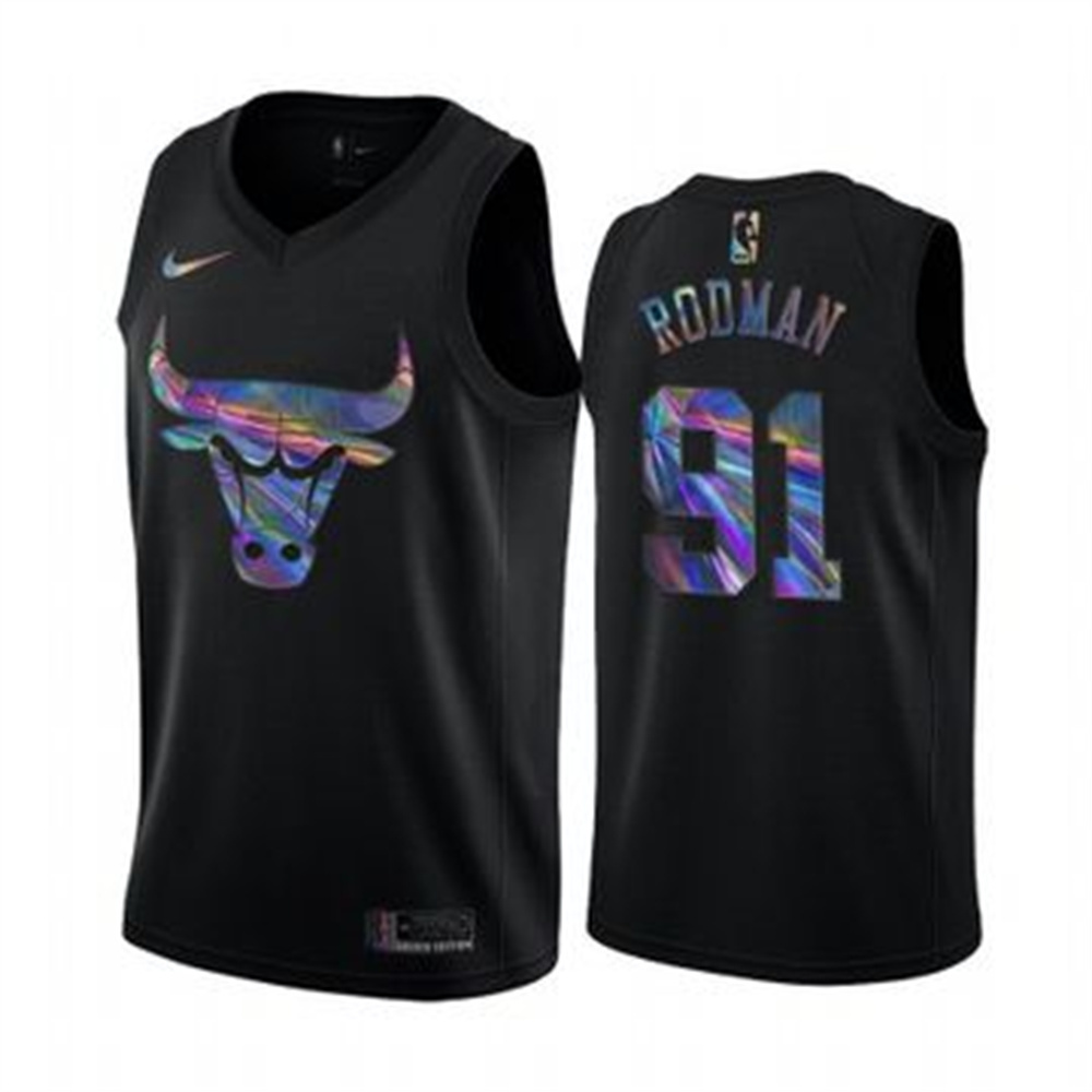 Personalized Bulls #91 Dennis Rodman Men’s Iridescent Holographic Collection NBA Jersey – Black