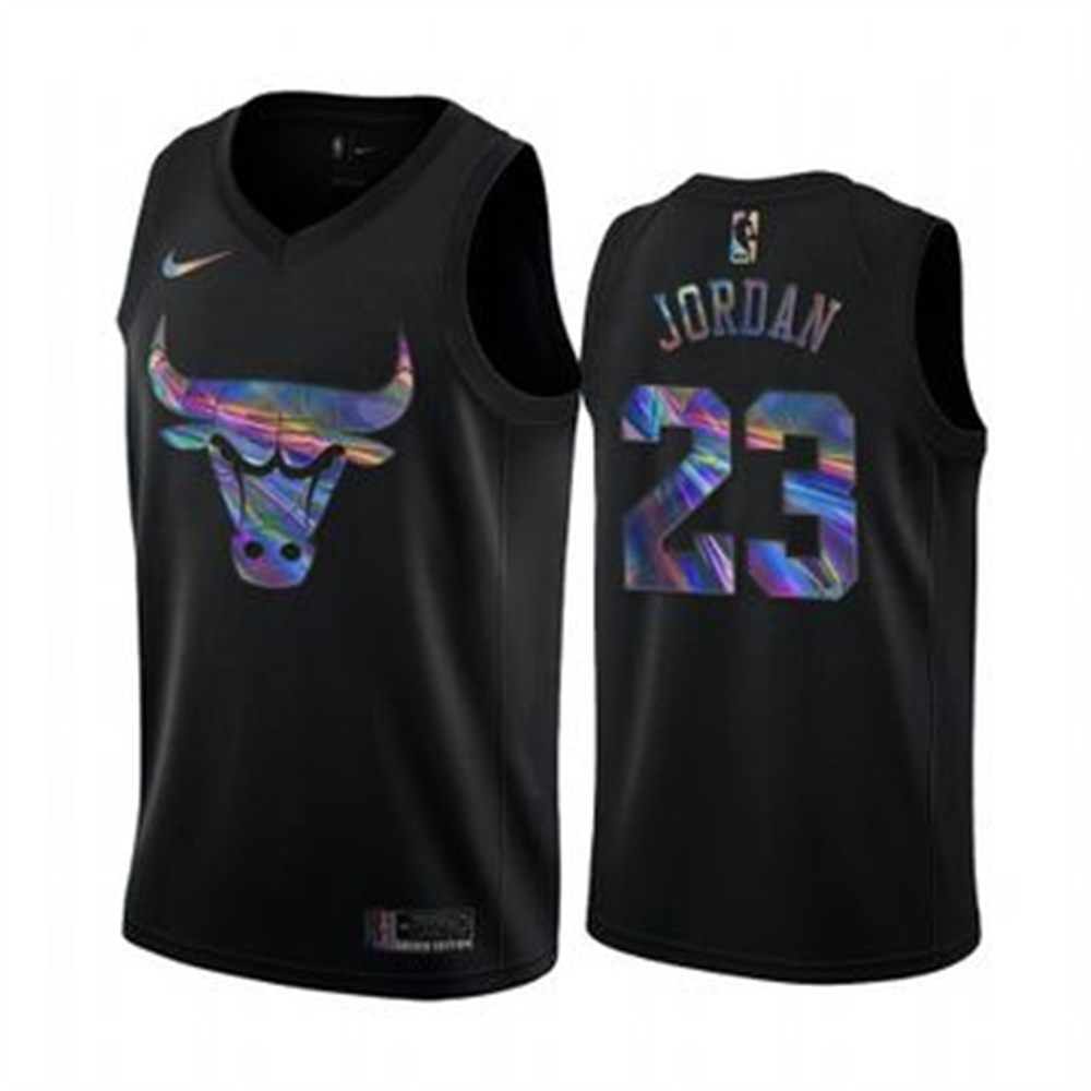 Personalized Bulls #23 Michael Jordan Men’s Iridescent Holographic Collection NBA Jersey – Black