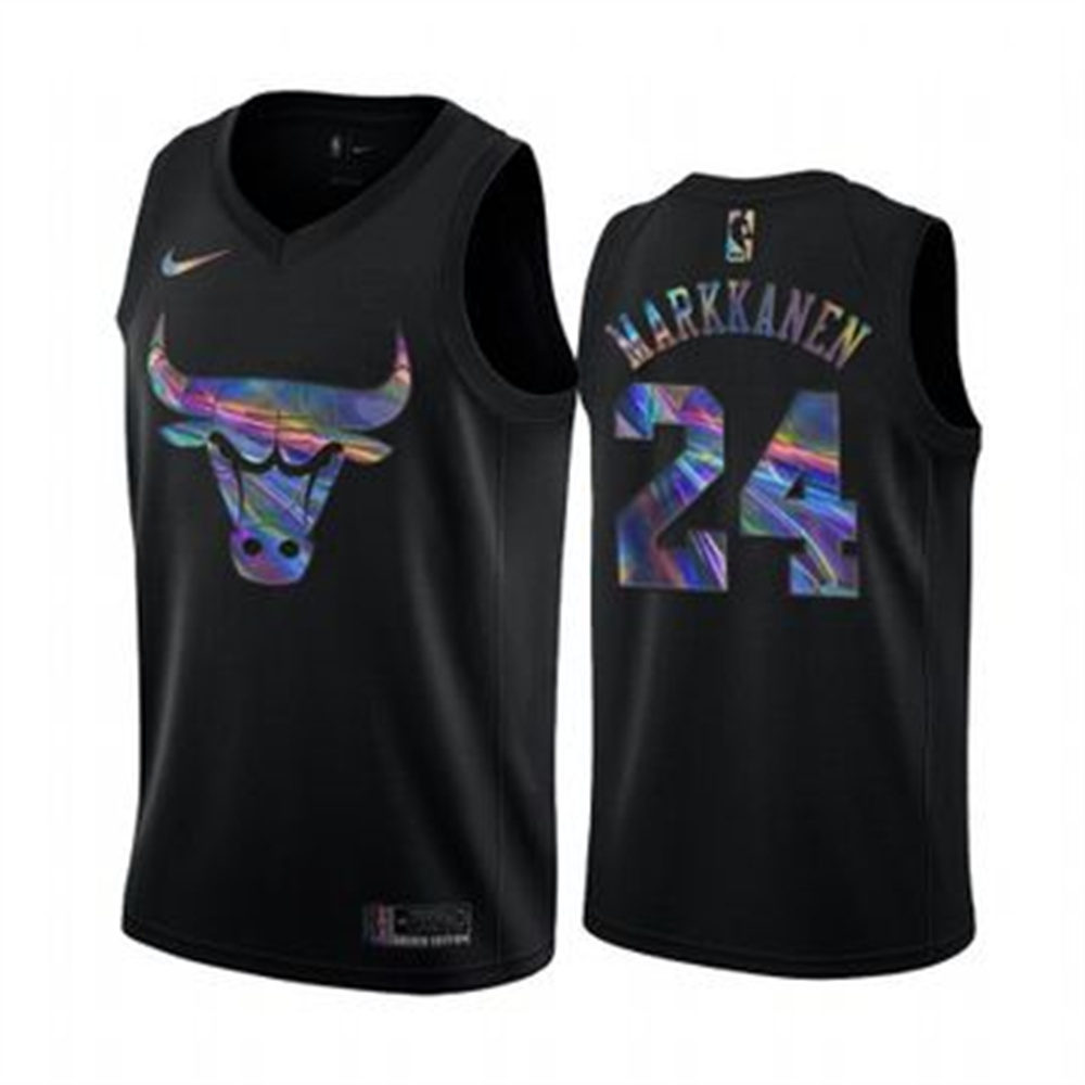 Personalized Bulls #24 Lauri Markkanen Men’s Iridescent Holographic Collection NBA Jersey – Black