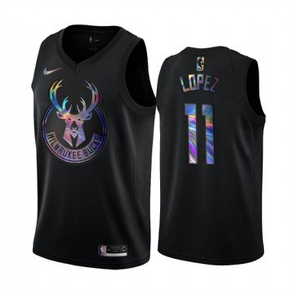 Personalized Bucks #11 Brook Lopez Men’s Iridescent Holographic Collection NBA Jersey – Black