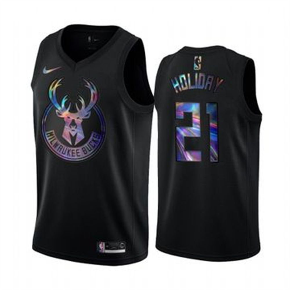 Personalized Bucks #21 Jrue Holiday Men’s Iridescent Holographic Collection NBA Jersey – Black