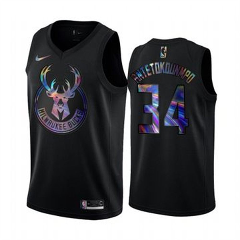 Personalized Bucks #34 Giannis Antetokounmpo Men’s Iridescent Holographic Collection NBA Jersey – Black