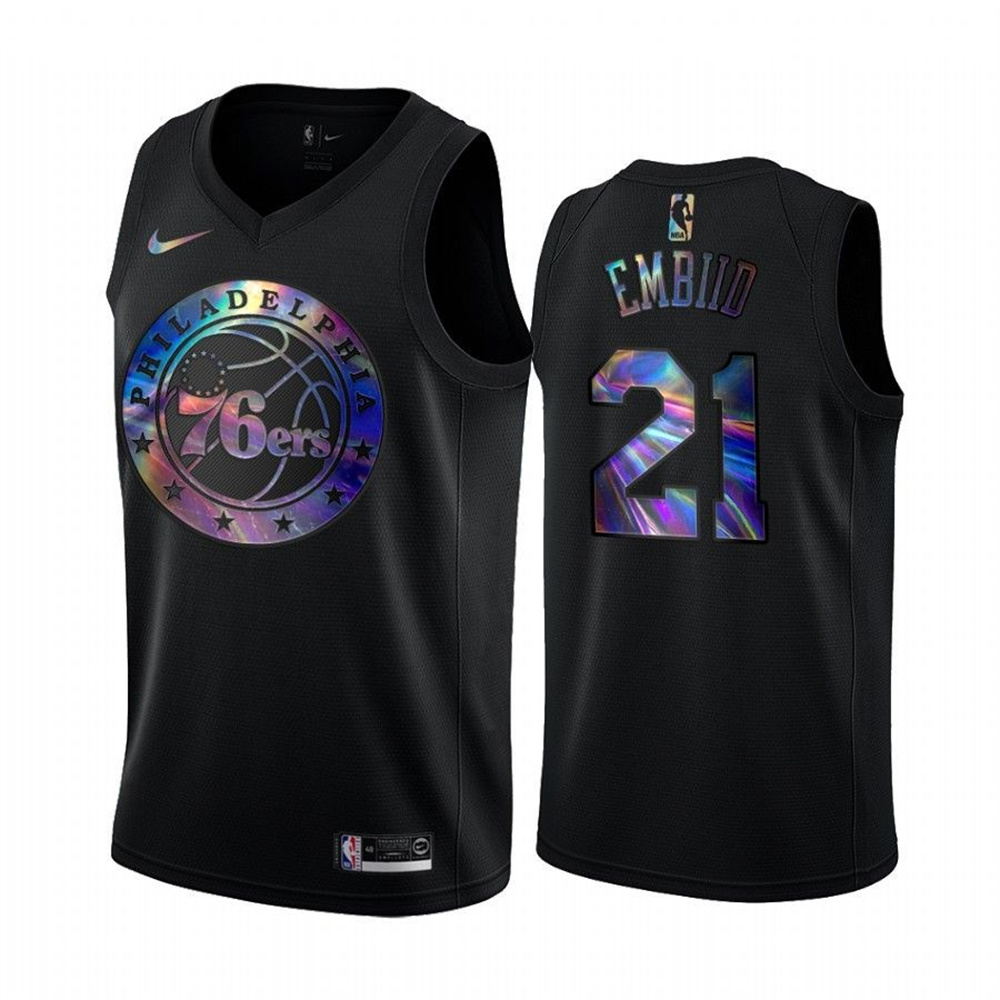 Personalized 76ers #21 Joel Embiid Men’s Iridescent Holographic Collection NBA Jersey – Black