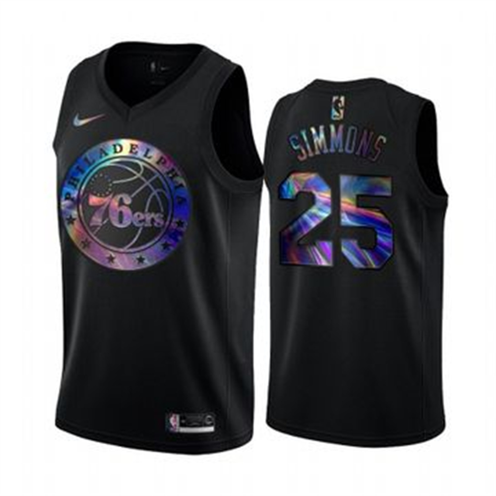 Personalized 76ers #25 Ben Simmons Men’s Iridescent Holographic Collection NBA Jersey – Black