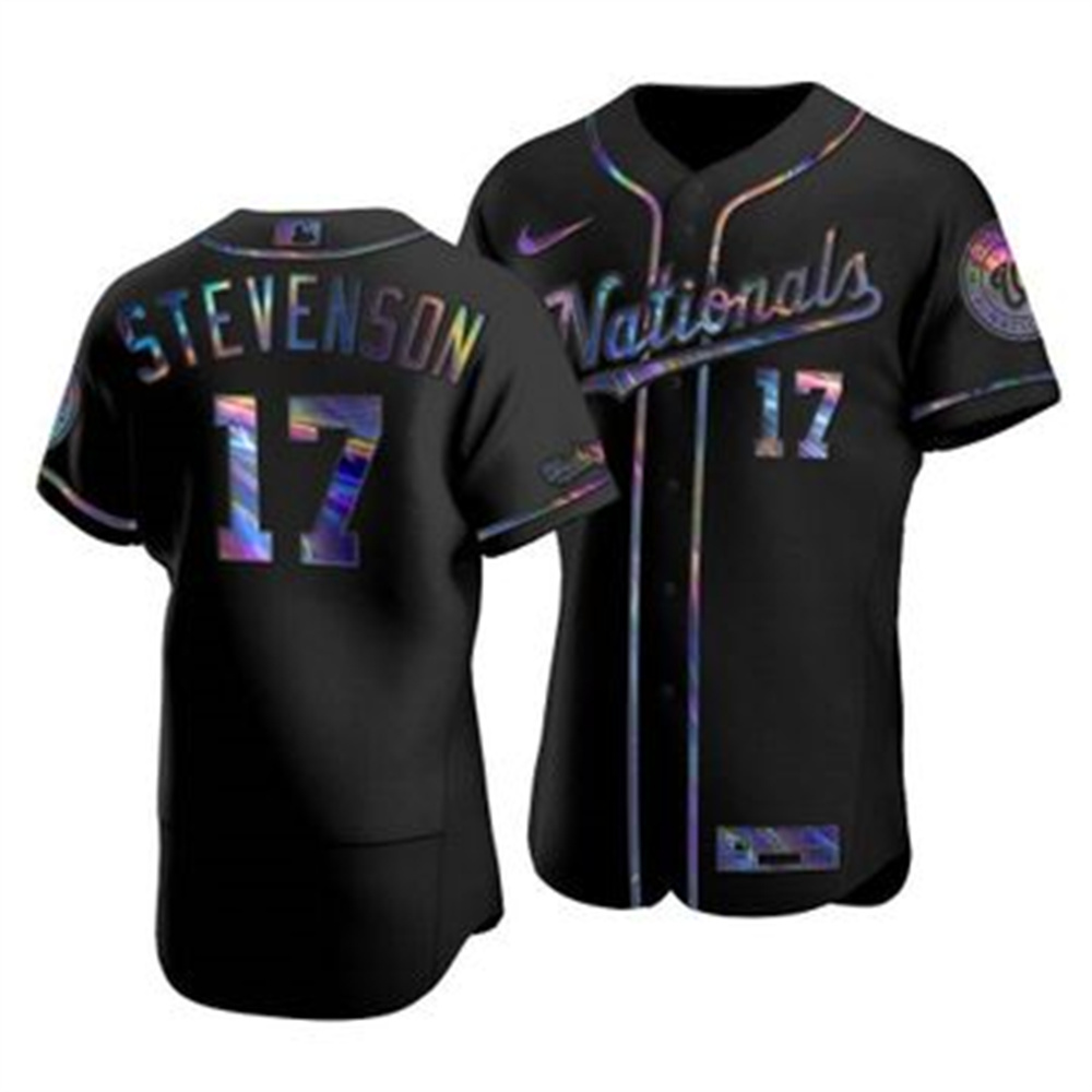 Personalized Washington Nationals #17 Andrew Stevenson Men’s Iridescent Holographic Collection MLB Jersey – Black