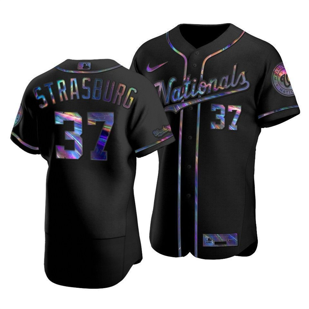 Personalized Washington Nationals #37 Stephen Strasburg Men’s Iridescent Holographic Collection MLB Jersey – Black
