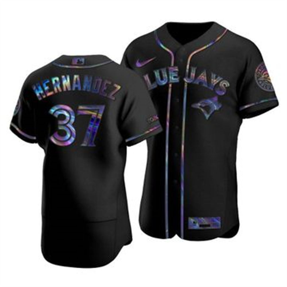Personalized Toronto Blue Jays #37 Teoscar Hernandez Men’s Iridescent Holographic Collection MLB Jersey – Black