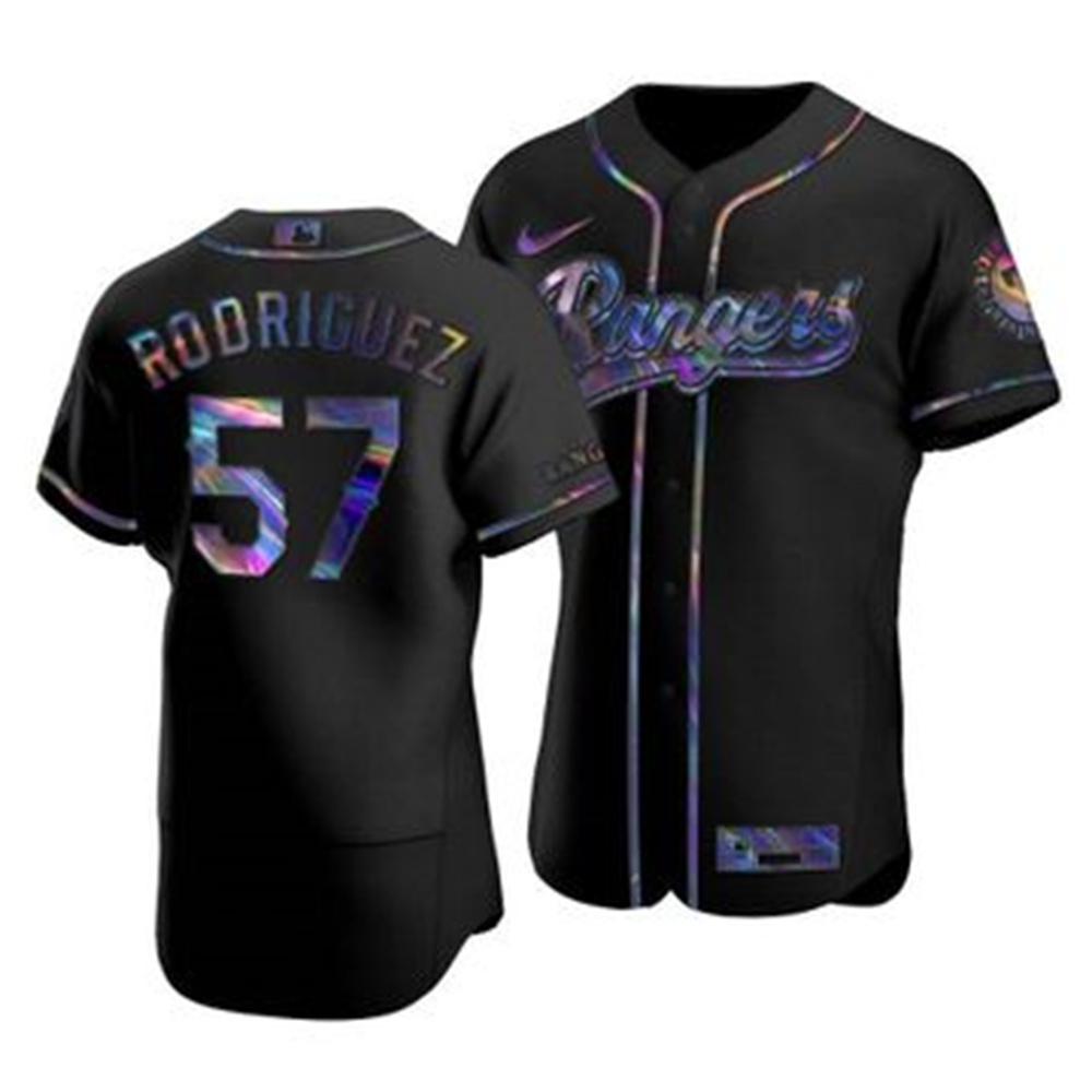 Personalized Texas Rangers #57 Joely Rodriguez Men’s Iridescent Holographic Collection MLB Jersey – Black