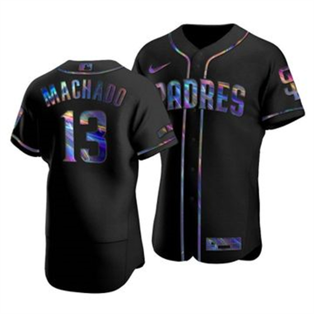 Personalized San Diego Padres #13 Manny Machado Men’s Iridescent Holographic Collection MLB Jersey – Black