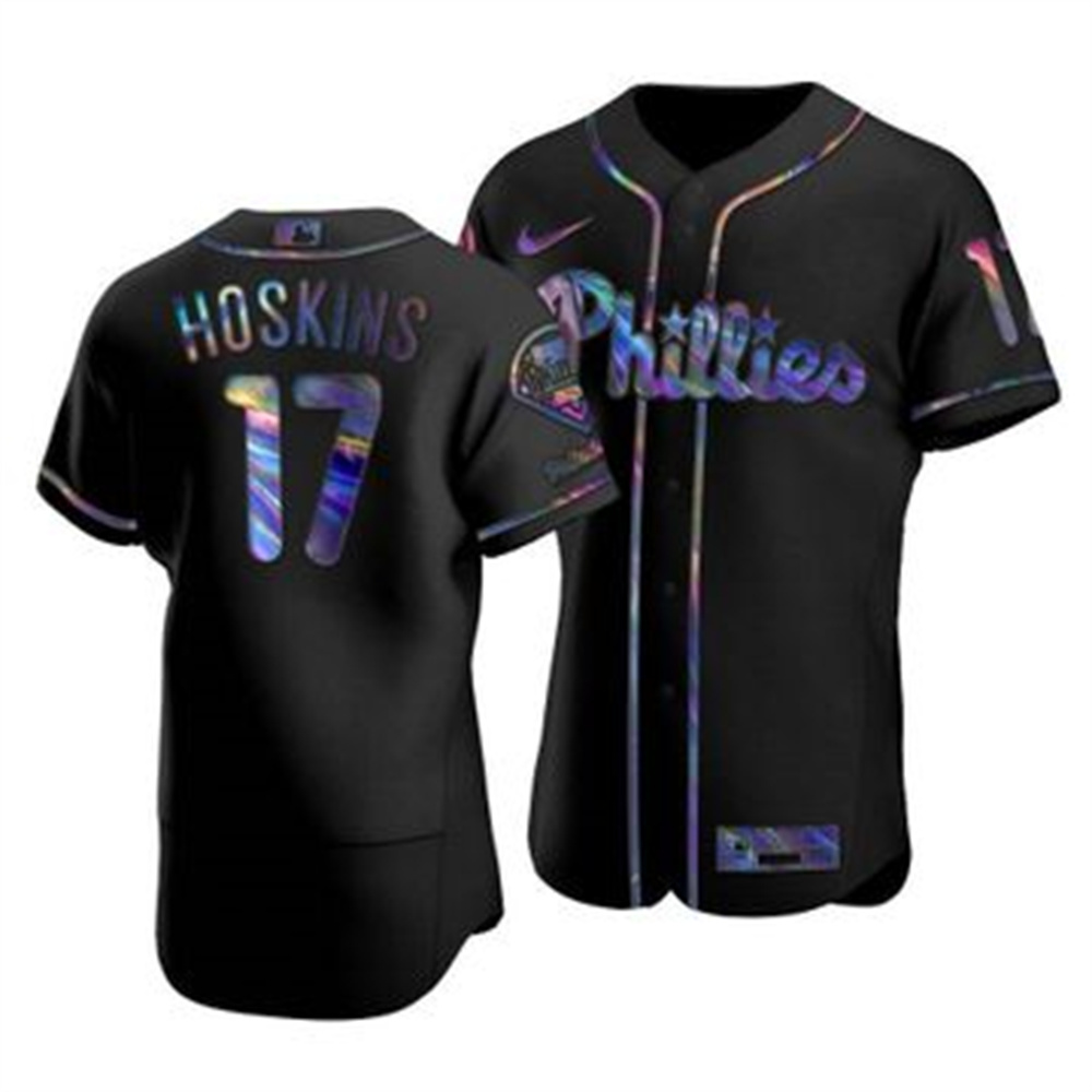 Personalized Philadelphia Phillies #17 Rhys Hoskins Men’s Iridescent Holographic Collection MLB Jersey – Black
