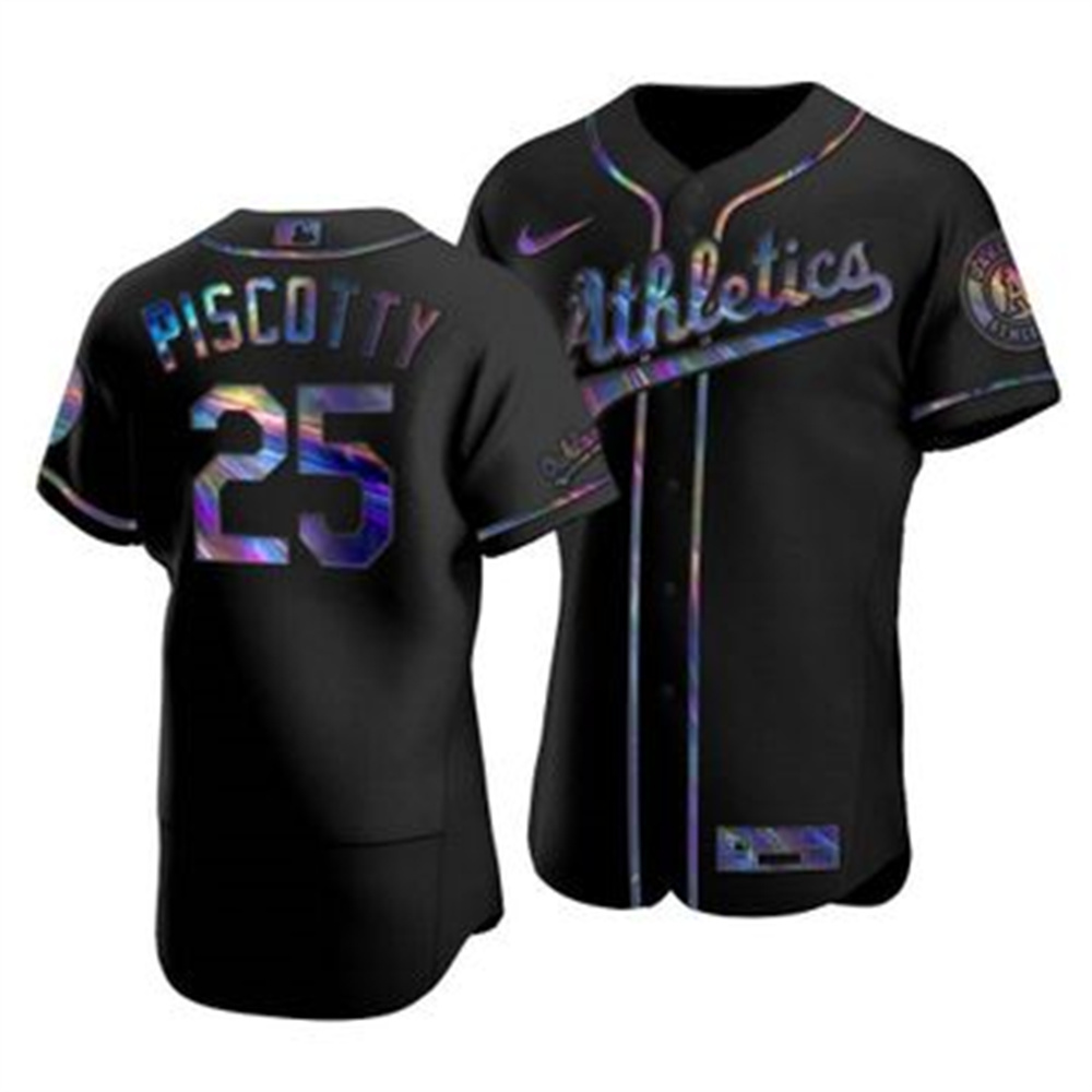 Personalized Oakland Athletics #25 Stephen Piscotty Men’s Iridescent Holographic Collection MLB Jersey – Black