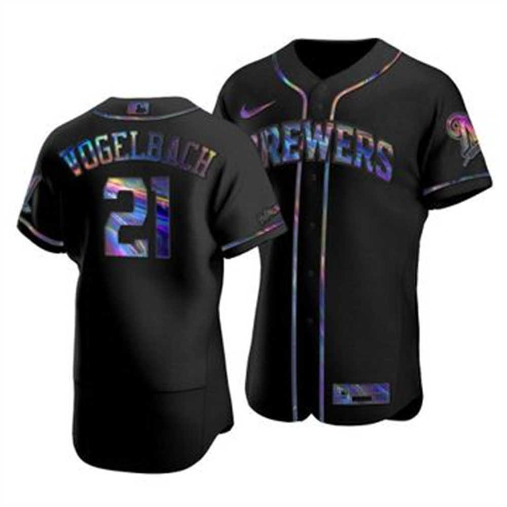 Personalized Milwaukee Brewers #21 Daniel Vogelbach Men’s Iridescent Holographic Collection MLB Jersey – Black