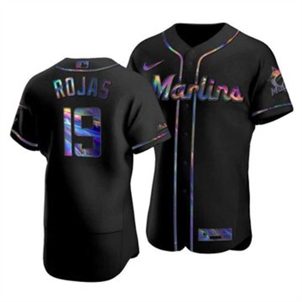 Personalized Miami Marlins #19 Miguel Rojas Men’s Iridescent Holographic Collection MLB Jersey – Black