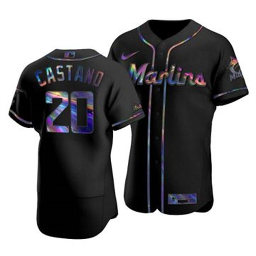 Personalized Miami Marlins #20 Daniel Castano Men’s Iridescent Holographic Collection MLB Jersey – Black