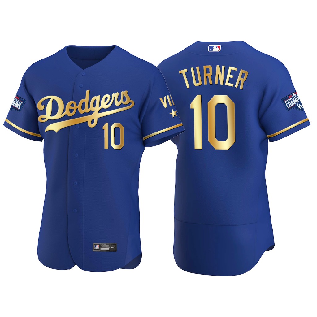 Personalized Los Angeles Dodgers #10 Justin Turner Men’s Authentic 2021 Gold Program World Series Champions MLB Jersey Royal
