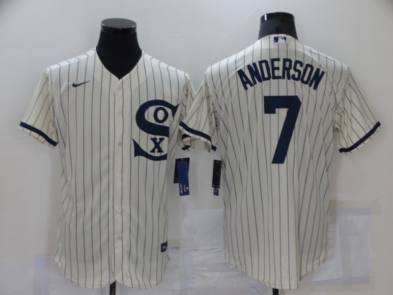 Personalized Men’s Chicago White Sox #7 Tim Anderson 2021 Cream Navy Field of Dreams Name Flex Base Stitched Jersey