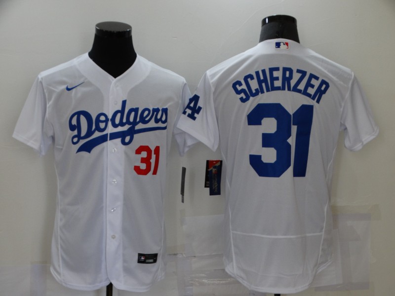 Personalized Men’s Los Angeles Dodgers #31 Max Scherzer White Stitched MLB Flex Base Jersey