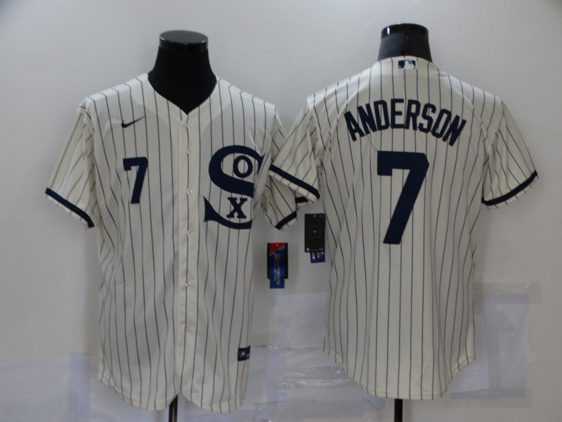 Personalized Men’s Chicago White Sox #7 Tim Anderson 2021 Cream Navy Field of Dreams Number Flex Base Stitched Jersey