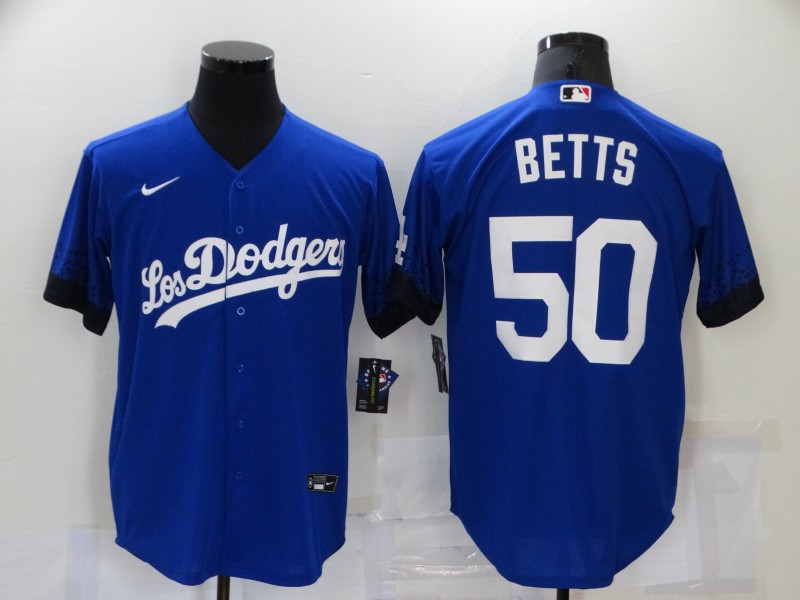 Personalized Men’s Los Angeles Dodgers #50 Mookie Betts Blue 2021 City Connect Cool Base Stitched Jersey