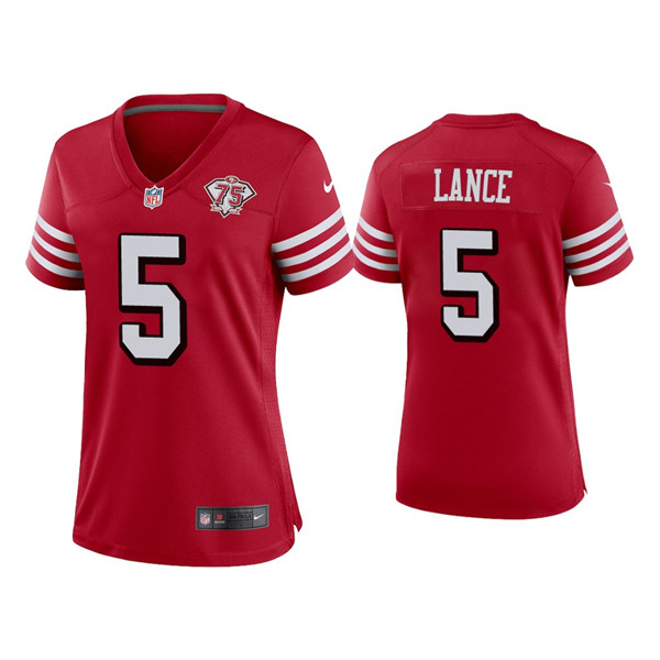 Personalized Women 49ers #5 Trey Lance 75th Anniversary Alternate Scarlet Jersey