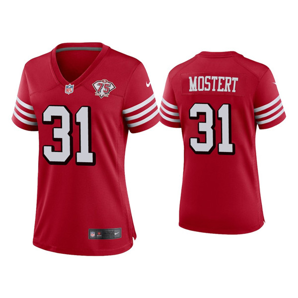 Personalized Women 49ers #31 Raheem Mostert 75th Anniversary Alternate Scarlet Jersey