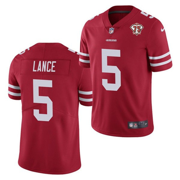 Personalized Men’s 49ers 5 Trey Lance Red 75th Anniversary Untouchable Limited Jersey