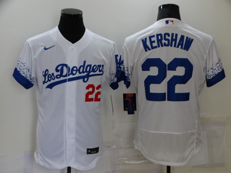 Personalized Men’s Los Angeles Dodgers #22 Clayton Kershaw White 2021 City Connect Flex Base Stitched Jersey