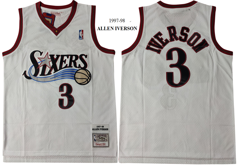 Personalized 76ers 3 Allen Iverson White 1997-98 Hardwood Classics Mesh Jersey