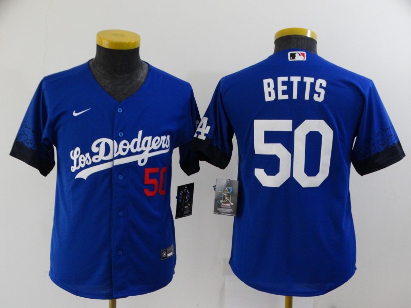 Personalized Youth Dodgers 50 Mookie Betts Royal Youth 2021 City Connect Cool Base Jersey