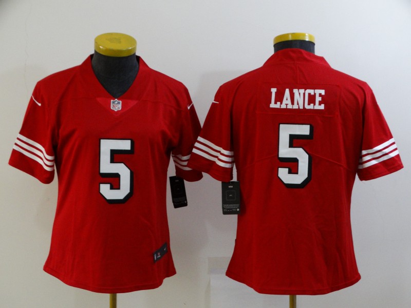 Personalized Women 49ers #5 Trey Lance Red Women Color Rush Untouchable Limited Jersey
