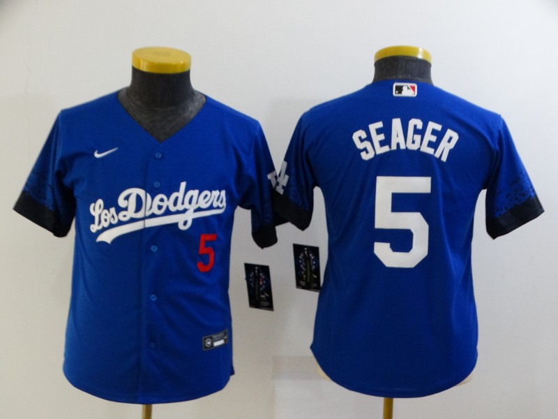Personalized Youth Los Angeles Dodgers #5 Corey Seager Blue 2021 City Connect Number Cool Base Stitched Jersey