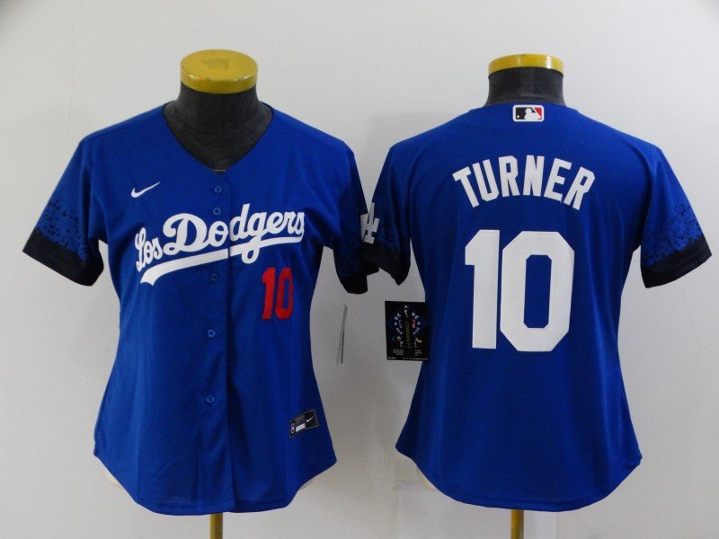 Personalized Women’s Los Angeles Dodgers #10 Justin Turner Blue 2021 City Connect Number Cool Base Stitched Jersey