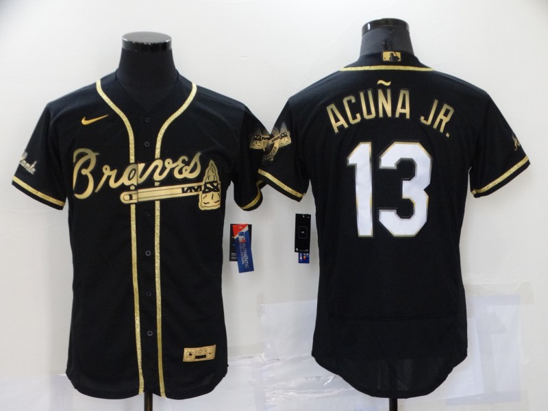 Personalized Men’s Atlanta Braves #13 Ronald Acuna Jr Black 2021 Golden Edition Stitched Flex Base Jersey